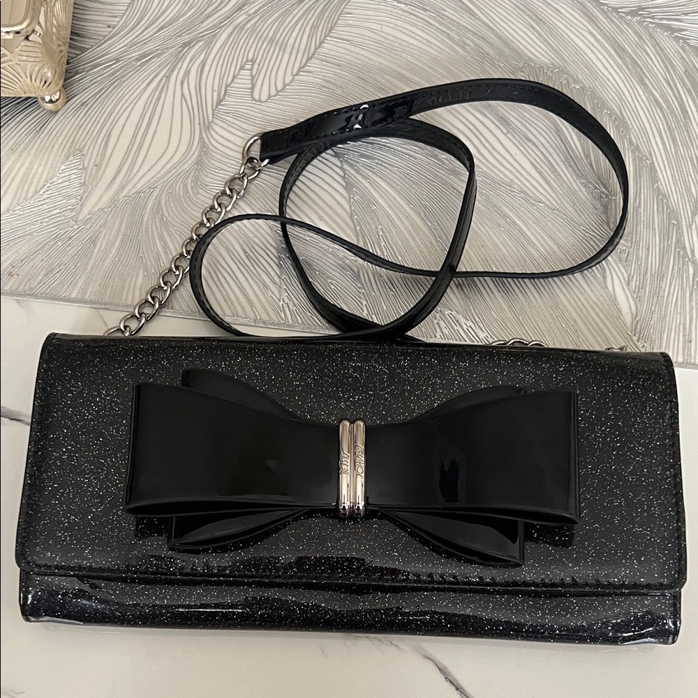 Betsey Johnson Black Glitter Bow Clutch Wristlet